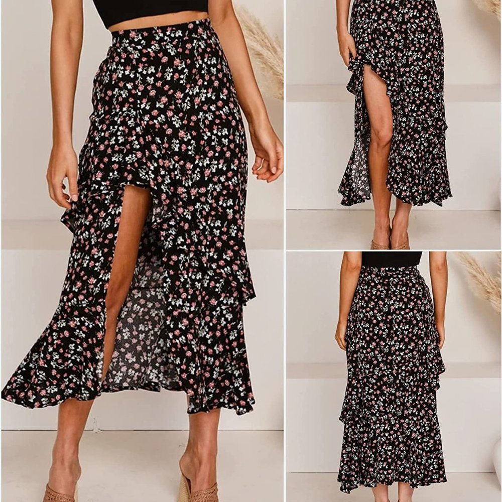 Boho High Low Midi Skirt - Black Floral - Size XL